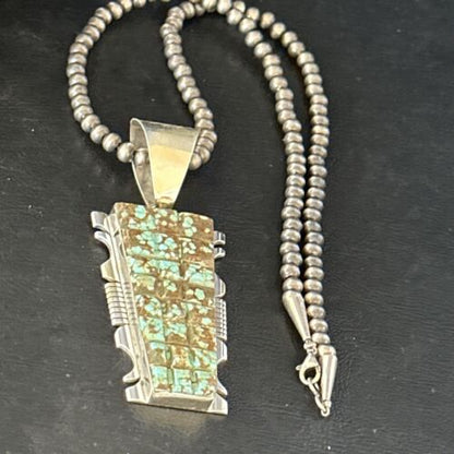 Authentic Native American Navajo Blue Turquoise Necklace Pendant | Sterling Silver | 8" | 14462