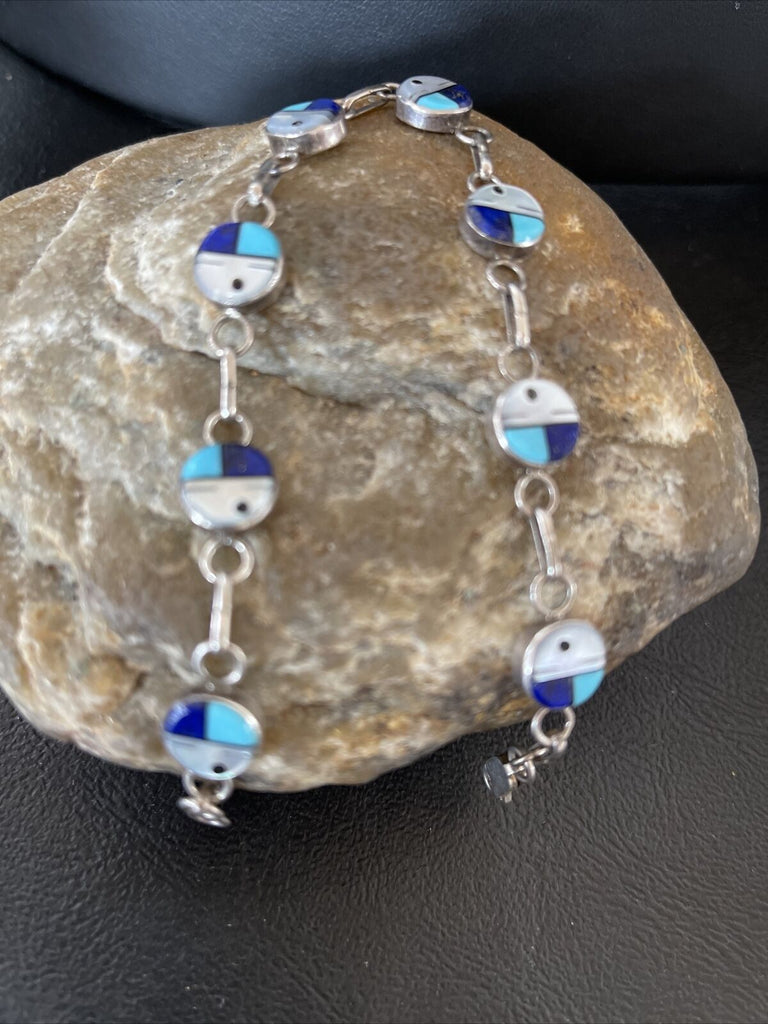 Southwestern Navajo Silver Blue Turquoise Lapis Inlay Link Bracelet 8" 1454