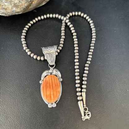 Navajo Pearls Orange Spiny Oyster Necklace Pendant | Sterling Silver | Authentic Native American Handmade | 14717