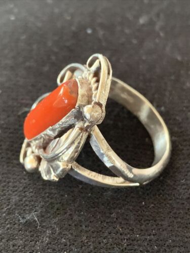 Navajo Red Coral Ring | Sterling Silver | Sz 9 | Authentic Native American Handmade | 01299 - Masha USA