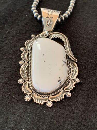 Men's White Buffalo Turquoise Pendant Necklace | Navajo Sterling Silver | 4124