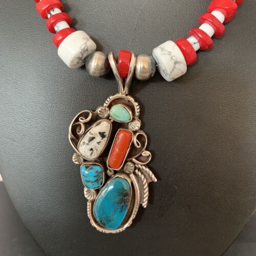 Navajo Coral, White Buffalo Turquoise, Spiny Oyster Pendant | Authentic Native American Sterling Silver | Multi-Stone | 1178