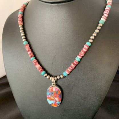 Navajo Pearl Sterling Silver Necklace with Turquoise and Purple Spiny Oyster Pendant | 13278