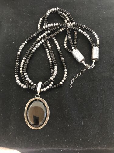 Navajo Pearls Black Onyx Pendant Necklace | Sterling Silver | 3 Strand| 23" | 8143