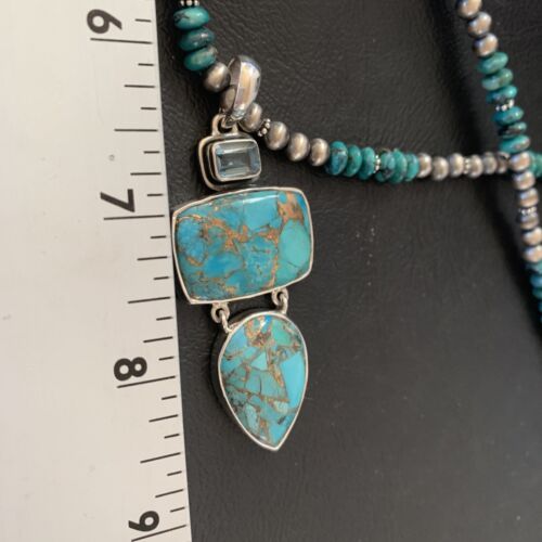 Navajo Pearls Sterling Silver Necklace with Blue Mojave AZ Turquoise Pendant | Multi-Stone | 11819