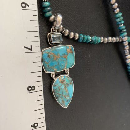 Navajo Pearls Sterling Silver Necklace with Blue Mojave AZ Turquoise Pendant | Multi-Stone | 11819