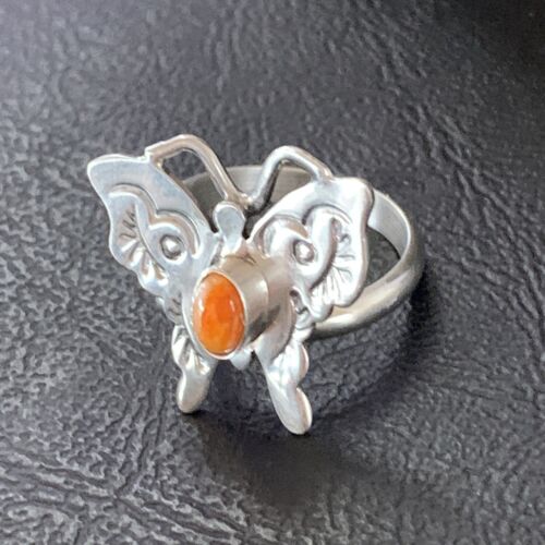 Navajo Orange Spiny Oyster Butterfly Ring | Sterling Silver | Sz Adj 8 | Authentic Native American Handmade | 10344