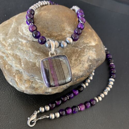 Women's Navajo Pearls Necklace with Purple Sugilite and Onyx Pendant | Sterling Silver | 13393