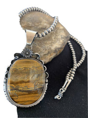 Men's Navajo Pearls Necklace | Sterling Silver | Coffee Tiger's Eye Pendant | Authentic Native American Handmade | 1543