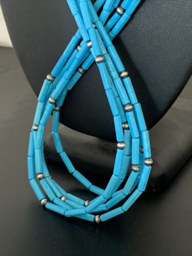 Southwestern Sterling Silver Blue Tube Turquoise Necklace | 5-Strand | 29" | 00830