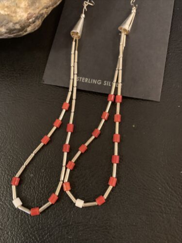XL Coral Heishi Beads Earrings | Sterling Silver Navajo Pearls | 4" | Authentic Native American Handmade | 13033