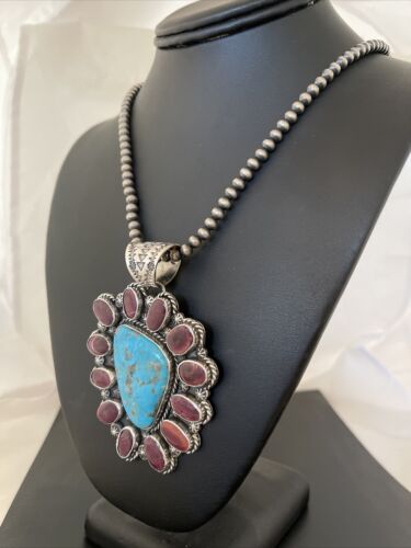Navajo Purple Spiny Oyster & Turquoise Pendant Necklace | Sterling Silver | Authentic Native American Handmade | 01117