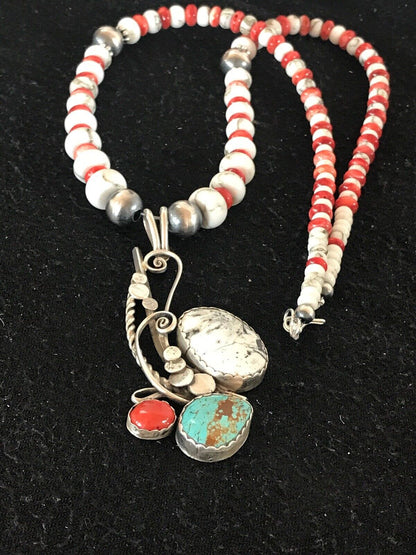 Navajo Blue Turquoise & Spiny Oyster Multi-Stone Pendant Necklace | Authentic Native American Sterling Silver | Multi-Stone | 8644 - Masha USA