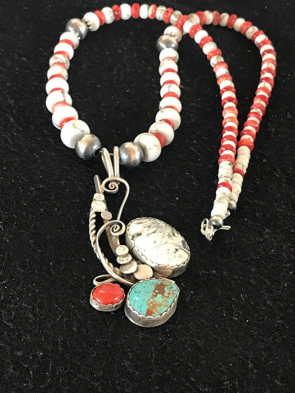 Navajo Blue Turquoise & Spiny Oyster Multi-Stone Pendant Necklace | Authentic Native American Sterling Silver | Multi-Stone | 8644