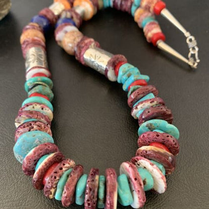 Navajo Turquoise Spiny Oyster Coral Lapis Necklace | Sterling Silver | 24" | 10824