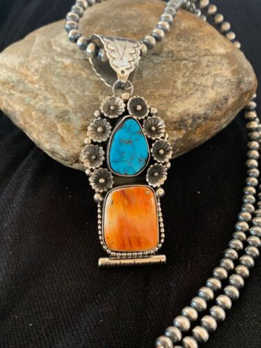 Navajo Kingman Turquoise & Spiny Oyster Pendant Necklace | Sterling Silver | Authentic Native American Handmade | 4575