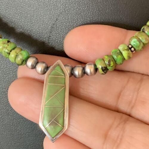 Navajo Green Gaspeite Turquoise Inlay Pendant | Sterling Silver | Authentic Native American Handmade | 13270