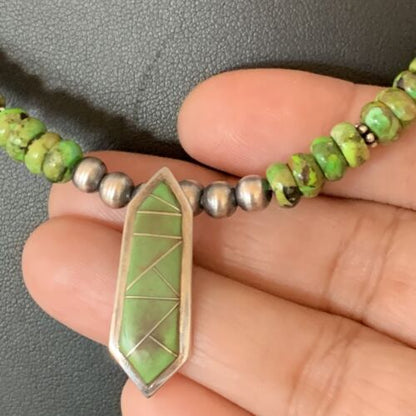 Navajo Green Gaspeite Turquoise Inlay Pendant | Sterling Silver | Authentic Native American Handmade | 13270