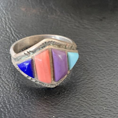 Navajo Multi-Color Turquoise Sugilite Coral Lapis Inlay Ring | Sterling Silver | Sz 9 | 12396