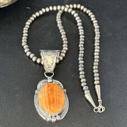 Navajo Pearls Orange Spiny Oyster Necklace Pendant | Sterling Silver | Authentic Native American Handmade | 14718