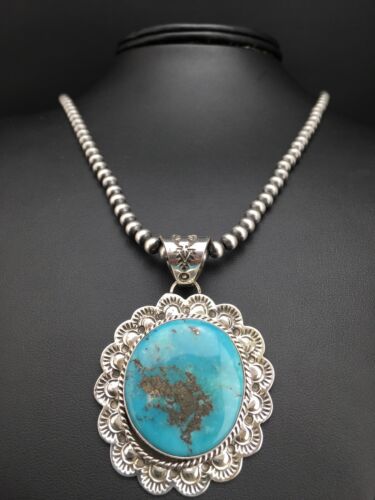 Men's Kingman Turquoise Pendant | Navajo Pearl Sterling Silver Necklace | Authentic Native American Handmade | 4876