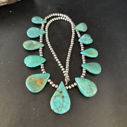 Navajo Teardrop Blue Turquoise Necklace | Sterling Silver Pearls | Authentic Native American Handmade | 14389