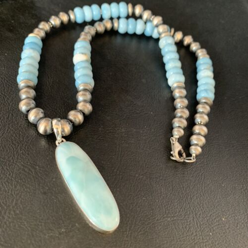 Men's Navajo Sterling Silver Blue Larimar Pendant | 10mm Natural Necklace | 14004