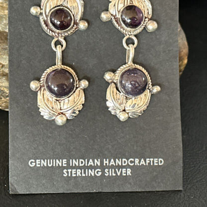 Navajo Purple Sugilite Post Dangle Earrings | Sterling Silver | Authentic Native American Handmade | 1597
