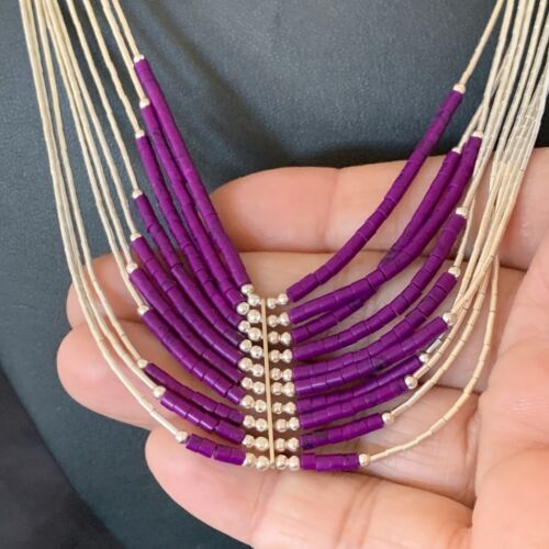 Sugilite Liquid Silver Heishi Necklace | 10 Strand | Sterling Tubes Pendant | 12299