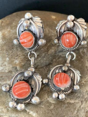 Navajo Red Spiny Oyster Dangle Earrings | Sterling Silver | Authentic Native American Handmade | 2063