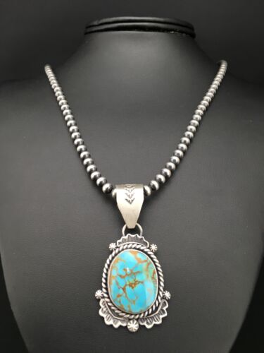 Navajo Sterling Silver Necklace | Spiderweb Turquoise Pendant | 2.25" | Authentic Native American Handmade | 13918