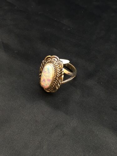 Native American Pink Opal Inlay Ring | Navajo Sterling Silver | Sz 7.75 | 2521 - Masha USA