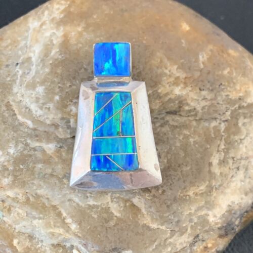 Authentic Native American Navajo Sterling Silver Blue Opal Inlay Pendant | Handmade Jewelry | 13339