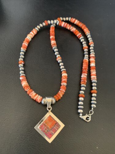 Navajo Pearls Red Spiny Oyster Opal Inlay Pendant Necklace | Sterling Silver | 22" | 12705
