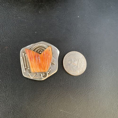 Southwestern Navajo Handmade Pin | Sterling Silver | Orange Spiny Oyster | Authentic Native American | 13716