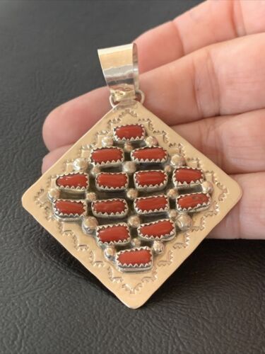 Navajo Red Coral and Multi-Stone Cluster Pendant | Authentic Native American Sterling Silver | 2" | 2101