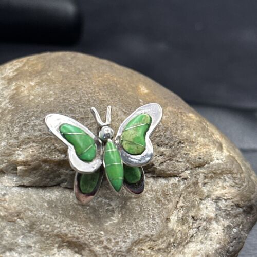 Navajo Butterfly Green Gaspeite Inlay Pin Pendant | Sterling Silver | Authentic Native American Handmade | 14585