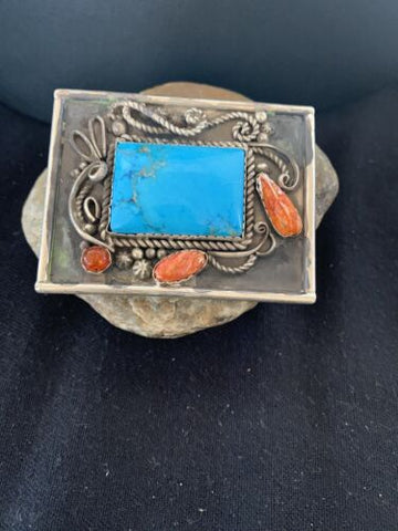 US Navajo Blue Turquoise Spiny Oyster Sterling Silver BELT Buckle Concho 717