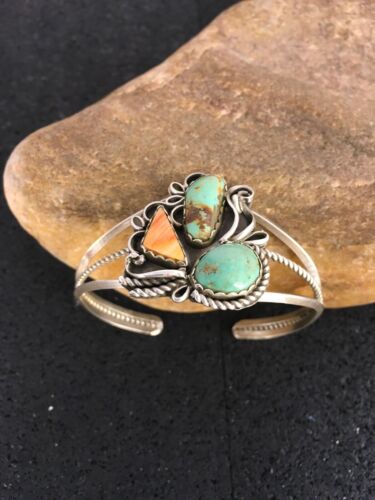 Southwestern Spiny Oyster & Turquoise Bracelet | Navajo Sterling Silver | Authentic Native American Handmade | 8842