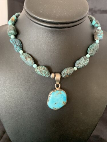 Men's Navajo Kingman Turquoise Pendant Necklace | Sterling Silver | 20" | Authentic Native American Handmade | 10224