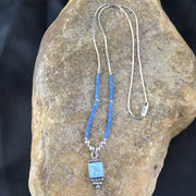 Children's Lapis Beads Sterling Heishi Necklace | Opal Pendant | 15" Chain | 10130