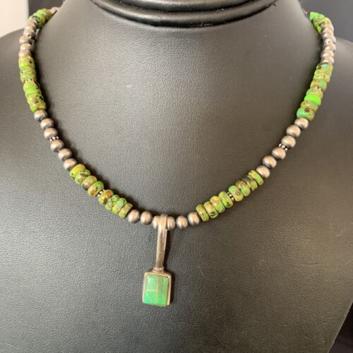 Navajo Green Gaspeite Turquoise Pendant | Sterling Silver | Authentic Native American Handmade | 13266