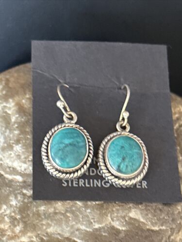 Navajo Blue Turquoise Dangle Earrings | Sterling Silver | 1" | Authentic Native American Handmade | 14772