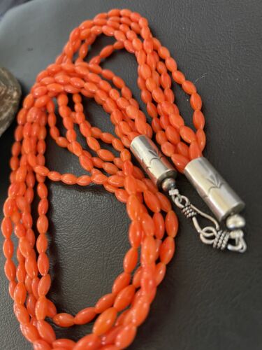 Navajo Orange Coral 5-Strand Necklace | Sterling Silver Barrel Beads | 22" | Authentic Native American Handmade | 10437