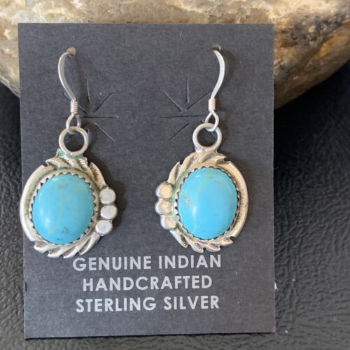 Navajo Blue Turquoise Dangle Drop Earrings | Sterling Silver | 1" | Authentic Native American Handmade | 12746