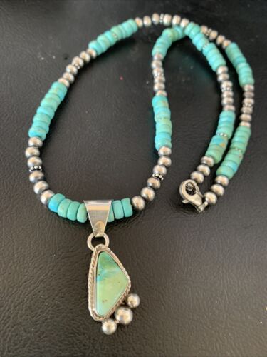 Men's Blue Turquoise Pendant Necklace | Navajo Pearls | Sterling Silver | Authentic Native American Handmade | 13202