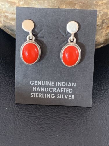 Native American Navajo Red Coral Dangle Earrings | Sterling Silver | 1" | 13114 - Masha USA