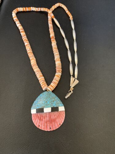 Authentic Native American Santo Domingo Shell Pendant Necklace | Spiny Oyster & Blue Turquoise | 26" | 12519