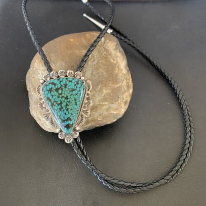Native American Men's Bolo Tie | Blue Spiderweb Turquoise | Sterling Silver | Navajo Handmade | 12364