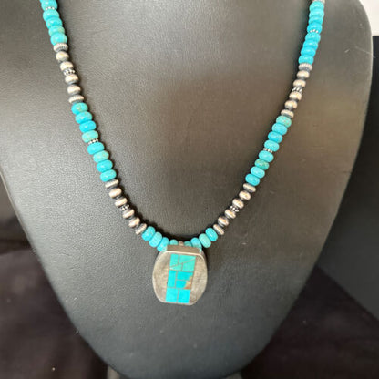 Navajo Blue Turquoise Inlay Pendant Necklace | Sterling Silver | 22" | Authentic Native American Handmade | 14602